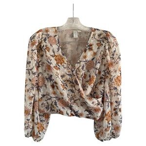 JOIE Women’s Floral Cream Long Sleeve Wrapped Polyester Blouse Shirt Top-Size XS